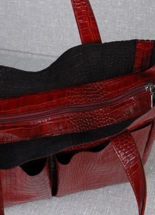 Сумка кожаная женская 020203 кайман красная с карманами на магнитах5 фото