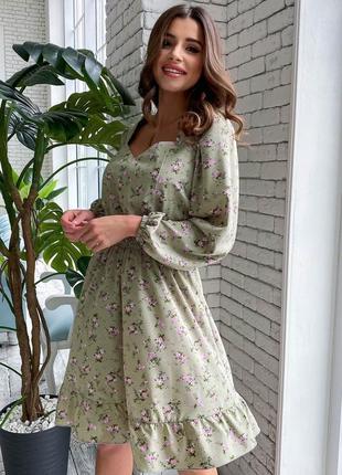 Літній💐приталені плаття з пишною спідницею з довгими рукавами оливковий в квітку 2 кольори2 фото