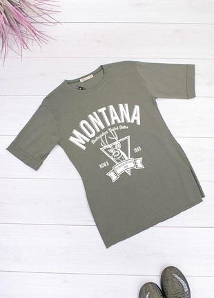 Стильная хаки футболка с надписью рисунком оверсайз