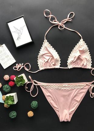 👙милый раздельный нежно розовый кружевной купальник шторки на завязках/розовый купальник с кружевом👙