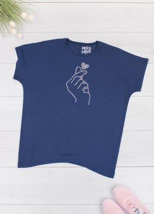 Стильная синяя футболка с рисунком стразами большой размер батал оверсайз1 фото