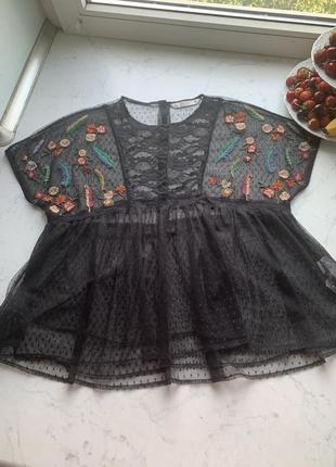 Шикарна мереживна блузка сорочка zara з яскравою вишивкою, розмір м1 фото