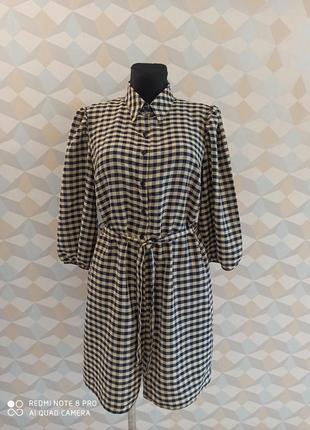 Платье рубашка в клетку с пышными рукавами