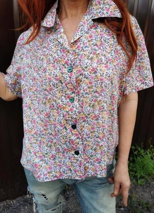 Рубашка блуза тениска батал большого размера коттон хлопок винтажная в принт цветочек2 фото