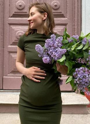 Сукня - міді для вагітних з секретом для годування хакі (платье для беременных бежевая)7 фото