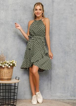 Модное платье в горошек с бретельками-кулисками
