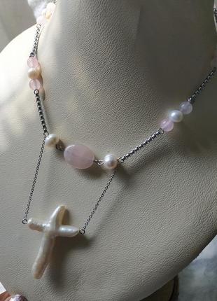 Кольє з білим перлами і рожевим кварцом "надія"2 фото
