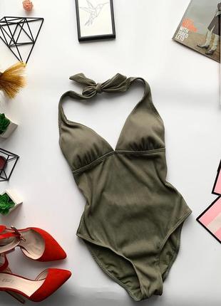 🩱стильный сдельный купальник хаки в рубчик/тёмно зелёный цельный купальник завязка на шее