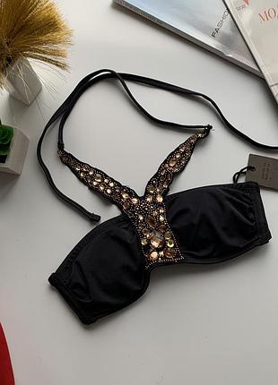 👙чёрный лиф бандо от купальника в камнях/чёрный верх от купальника с на завязках с камнями👙