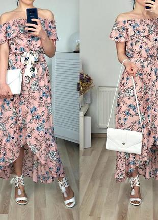 Ошатне повсякденне шифонова максі плаття в квітковий принт відкриті плечі сукня з рюшами3 фото