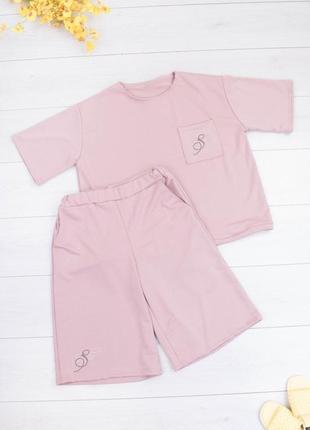 Стильный розовый пудра летний костюм футболка шорты большой размер батал оверсайз