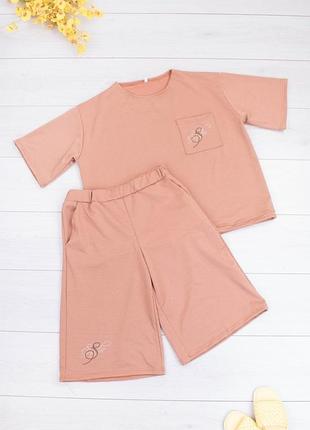 Стильный коричневый рыжий летний костюм футболка шорты оверсайз большой размер батал