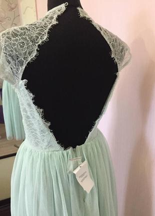 Сукня міді для випускного з мереживного тюлю asos, фатин, м'ятний колір, відкрита спина9 фото