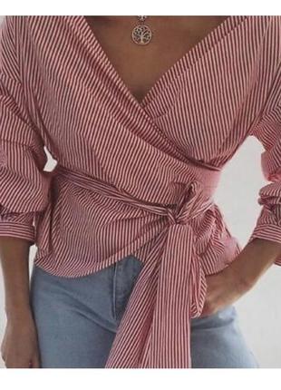 Zara рубашка с длинным поясом размер s/m полоска на запах6 фото