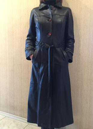 Пальто женское  adamo, натуральная кожа, черное, длинное, размер 46