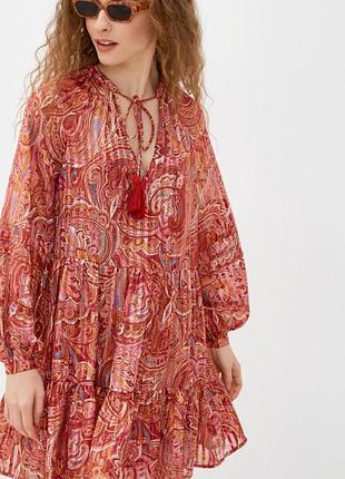 Sale❗красное🔥 ярусное свободное платье с длинными рукавами с люрексом river island zara.