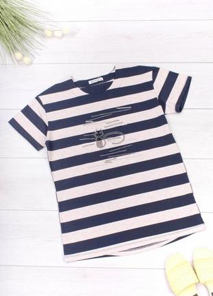 Стильна бежева синя футболка у смужку з малюнком стразами великий розмір батал