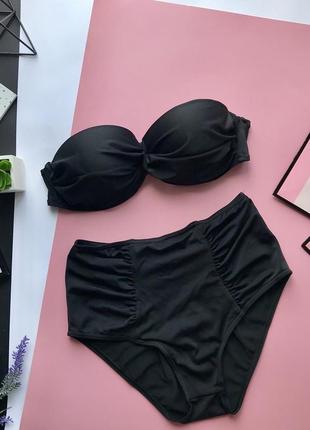 👙трендовый чёрный раздельный купальник бандо/чёрный купальник с чашками высокая посадка👙