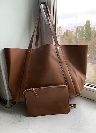 Вместительная сумка шопер zara в наборе с кошельком