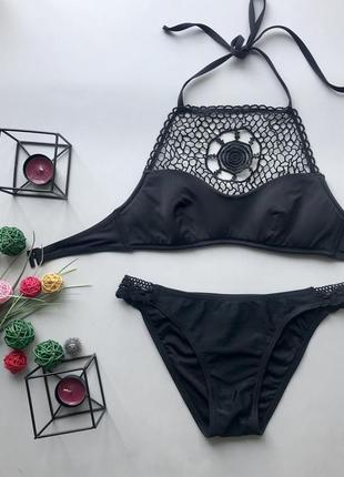 👙отпадный чёрный раздельный купальник с кружевом/чёрный купальник с вязаными элементами👙