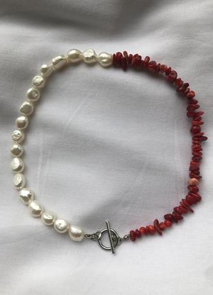 Ожерелье из натурального жемчуга и коралла