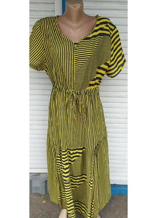 Итальянское длинное лимонное 🍋 коттоновое платье с сочетанием полос с поясом под затяжку на шнуровке