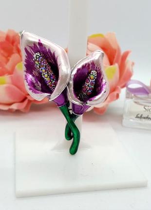 🌺✨ интересная нарядная брошь "цветок калла" эмаль, сверкающие кристаллы брошка букет2 фото