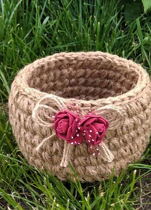 Корзинка вязаная из джута, джутовая корзинка, изделия из джута, джут, шкатулка,подарок.