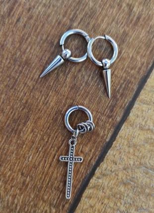 Серьги серьга серёжки сережка мужская чоловіча крест шип конус серебро