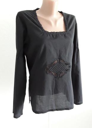Шикарная катоновая блузка с вышивкой на сетке  и присобранными на резинки рукавами