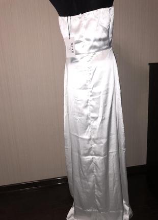 Сатинове біле плаття максі весільне вечірнє з розрізом4 фото