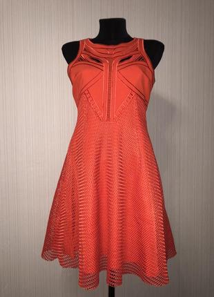 Морковное красное платье миди с сеткой