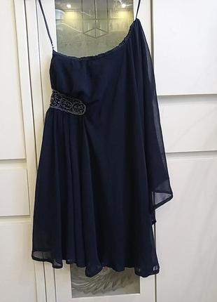 Торжество выпускной темное синее вечернее платье на одно плечо шифон1 фото