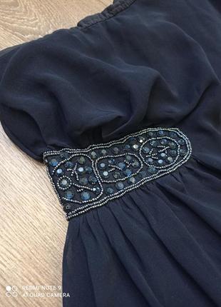 Торжество выпускной темное синее вечернее платье на одно плечо шифон4 фото