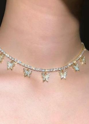 Эффектный чокер колье ожерелье бабочки кристаллы