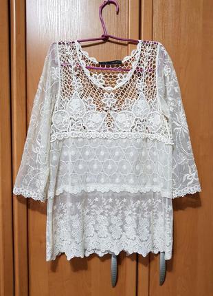 Стильная кремовая кружевная кофточка, блузка в сеточку, блуза1 фото