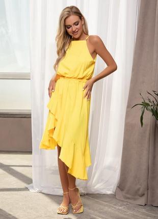 Арт: 12637_ жовте асиметрична плаття на бретелях з воланами