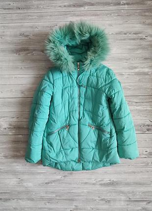 Зимняя бирюзовая куртка пуховик для девочки 10-11 лет