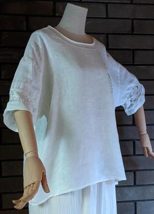 Біла блуза льняна топ сорочка льон мереживо, стрази етно стиль бохо італія батл2 фото