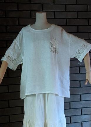 Біла блуза льняна топ сорочка льон мереживо, стрази етно стиль бохо італія батл5 фото
