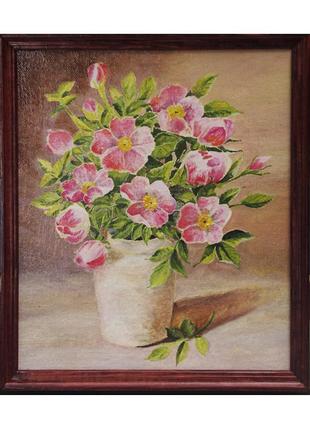 Картина "букет шиповника" (цветы, натюрморт) 28,5х32,5 см, масло