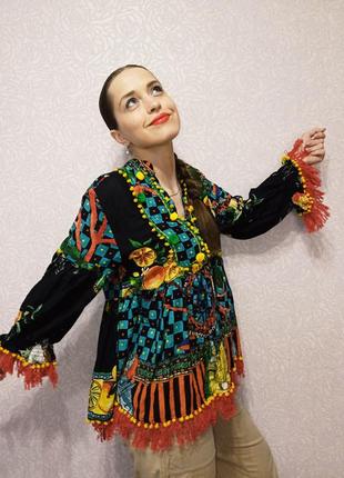 Блуза этно бохо стиль бахрма балахон разлетайка пончо яркая блуза1 фото