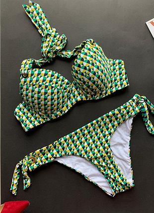 👙крутой раздельный зелёный купальник с фигурным рисунком/желтый купальник на завязках👙