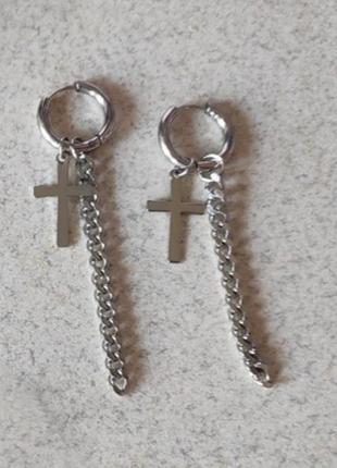 Серьги серёжки сережки мужская серьга кресты серебро крест хрест цепь цепочка кольцо2 фото