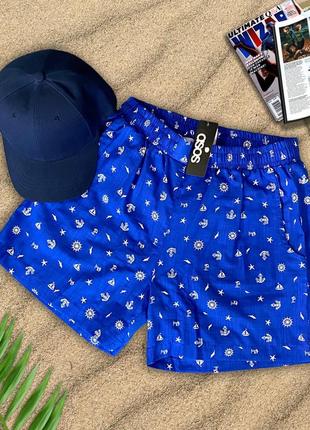 Пляжные мужские шорты с морским принтом синие | чоловічі пляжні шорти з морським принтом