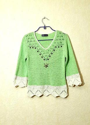 Yufeng жіноча кофточка салатова в комбінації з ажурним білим краєм