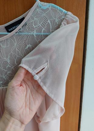 Пудрова блуза, блузка з мереживною вставкою пліссе короткий рукав, р. 126 фото