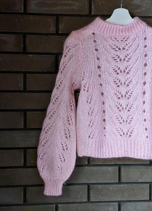 Стильный нежный розовый ажурный свитер светр вязанная кофта бред h&m люкс качество мохер xs s