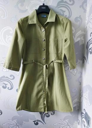 Хаки зелёное короткое льняное платье на пуговицах платье рубашка