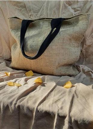 Большая вместительная плетёная сумка шопер из джута шоппер на подкладке1 фото
